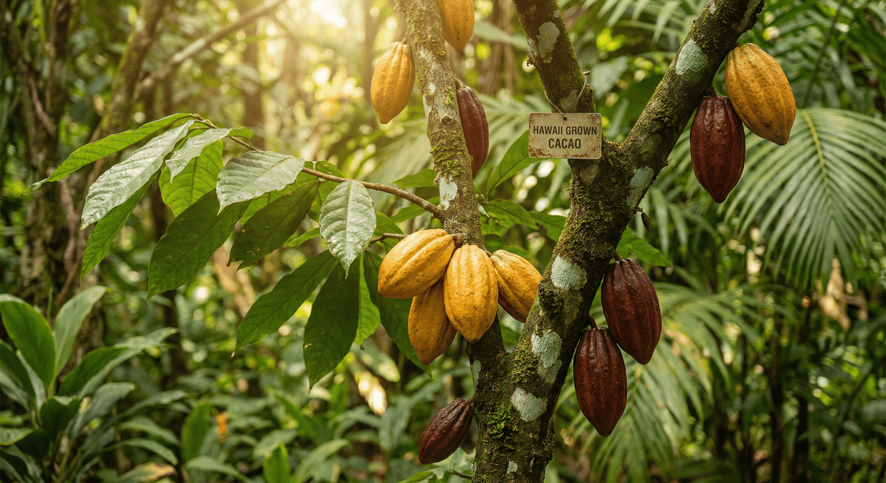 Hawaiian cacao farm — cacao pods growing on tree